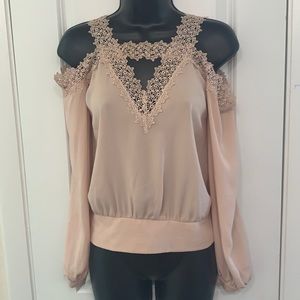 Bebe Open Shoulder Nude Lace Blouse Size XS